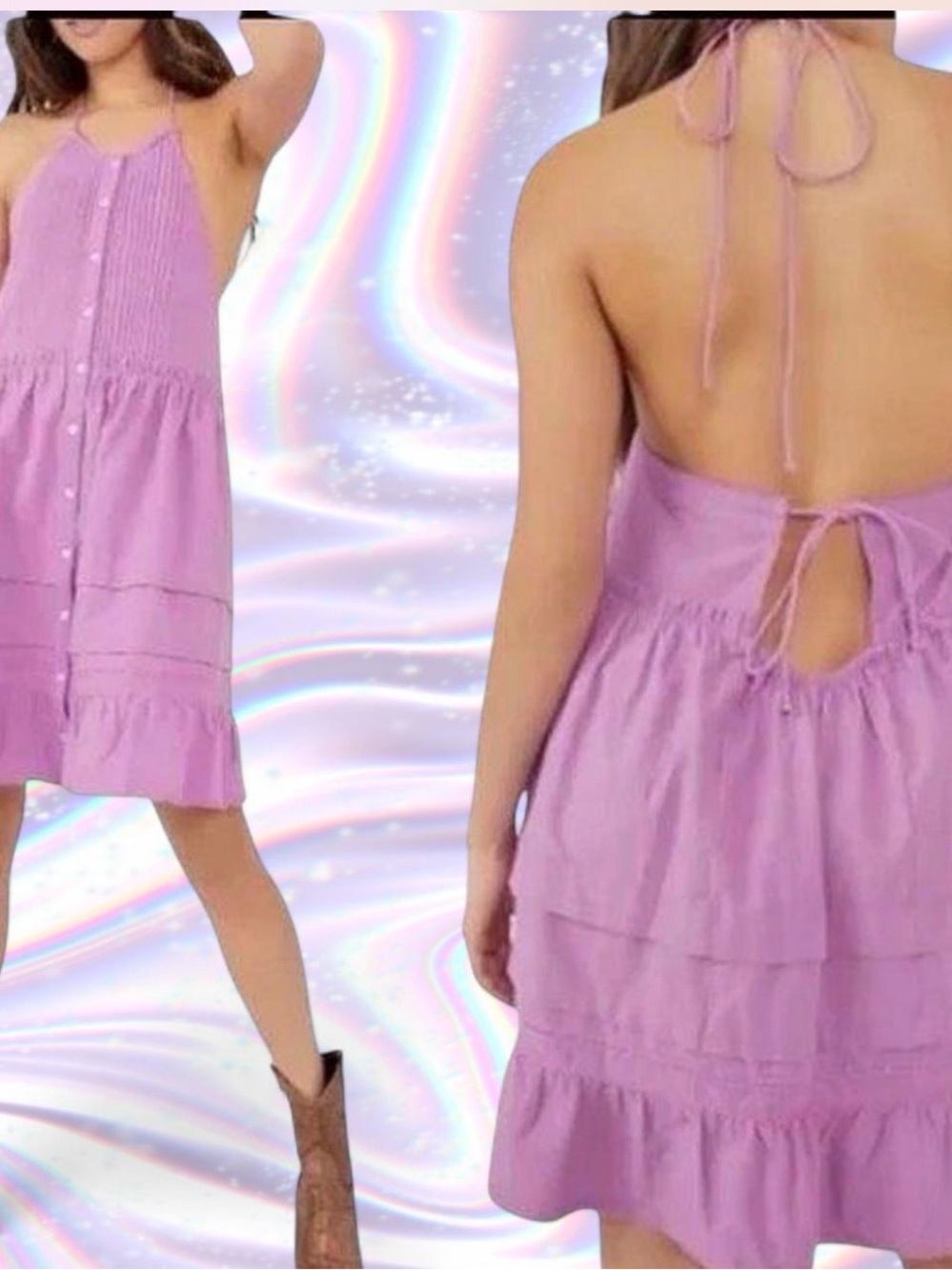 Free People Desert Days Lavender Backless Tiered Halter Dress